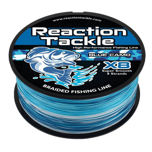 Reaction Tackle Braided Fishing Line - Pro Grade Power Performance for Saltwater or Freshwater Fish - Colored Fishing Line Braid for Extra Visibility - X8 Blue Camo 65 Lb (1000 Yards)