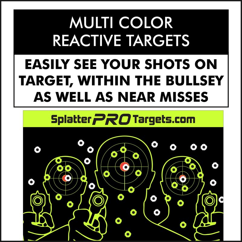 12x18 Splatter Targets. Fully Reactive Targets. See Your Hits and Your Misses! Shots Burst with a Bright Splatter Upon Impact. Instantly See Your Shots. Printed on a Heavy Duty Card Stock.
