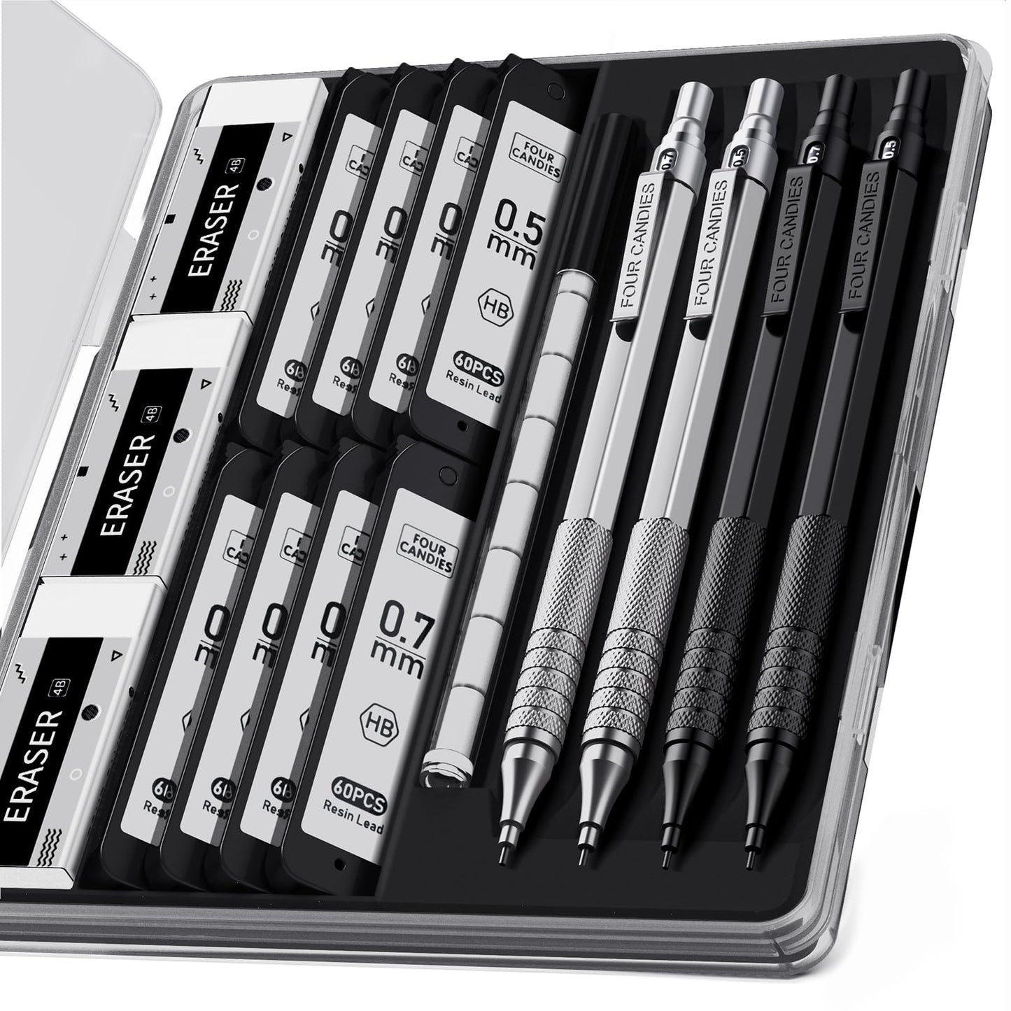 Four Candies 4PCS Metal Mechanical Pencils Set with Case, 0.5mm & 0.7 mm Artist Pencil with 8 Tubes (480PCS) HB Lead Refills, 3 Erasers,9 Eraser Refills For Writing Drafting, Drawing, Black&Silver