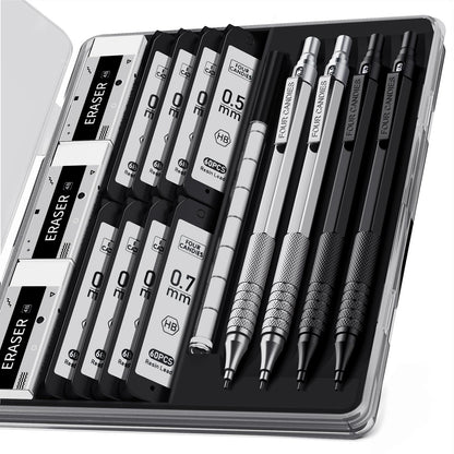 Four Candies 4PCS Metal Mechanical Pencils Set with Case, 0.5mm & 0.7 mm Artist Pencil with 8 Tubes (480PCS) HB Lead Refills, 3 Erasers,9 Eraser Refills For Writing Drafting, Drawing, Black&Silver