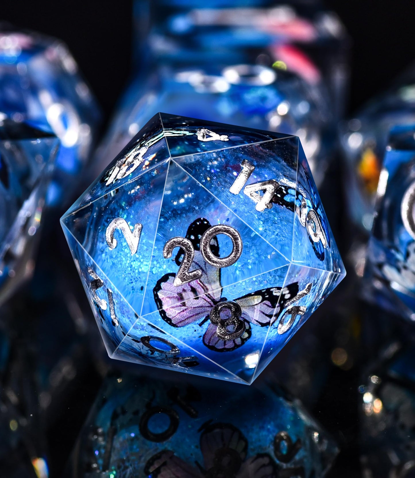 AUSTOR Liquid Core Butterfly Resin DND Dice Set, 7-Die Glow in The Dark Dice Sharp Edge Polyhedral Dice Luminous Dice Role Playing Dice for Dungeons and Dragons RPG MTG Table Games