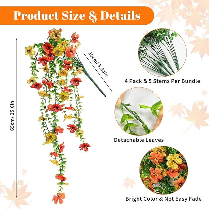 Artificial Flowers for Fall Decor, Artificial Hanging Flowers for Outdoors, 4pcs Realistic Faux Daisy Baskets Fake Plants for Autumn Thanksgiving Garden Front Porch Courtyard Patio (Orange Yellow)