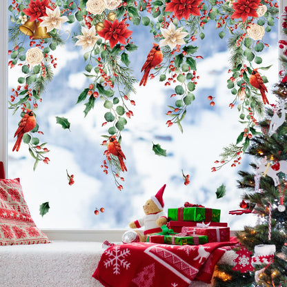 Whaline 9 Sheets Christmas Floral Window Cling Stickers Hanging Poinsettia Flowers Eucalyptus Leaves Reusable Window Decals for Xmas Winter Party Home Office Classroom Decoration