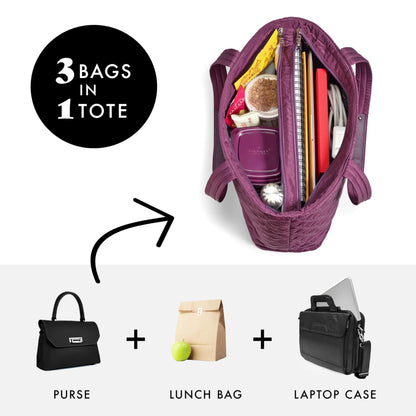 Fit & Fresh Metro 2-in-1 Quilted Tote, Multipurpose Travel and Work Bag with Insulated Cooler Compartment for Women, Laptop-Friendly, Thermal Insulated, Perfect for Office, Nurse, Teacher