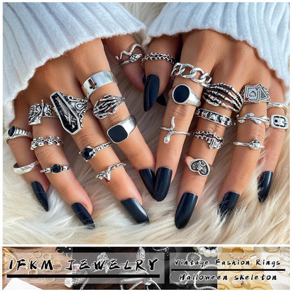 IFKM 25PCS Vintage Silver Knuckle Rings Set for Women, Stackable Joint Finger Statement Rings Bohemian Retro Hollow Carved Midi, Boho Halloween Skeleton Skull Snake Heart Chunky Stacking Pack (Halloween Skull)