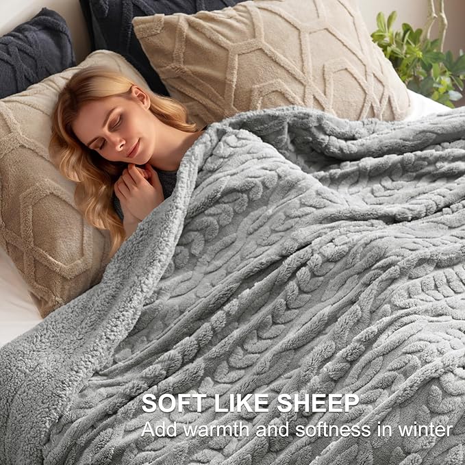 PHF Fluffy Sherpa Blanket Queen Size for Winter, Warm and Soft, 510GSM 3D Jacquard Thick Shaggy Fleece Plush Blanket for Sofa Bed, Grey, 90"x90"