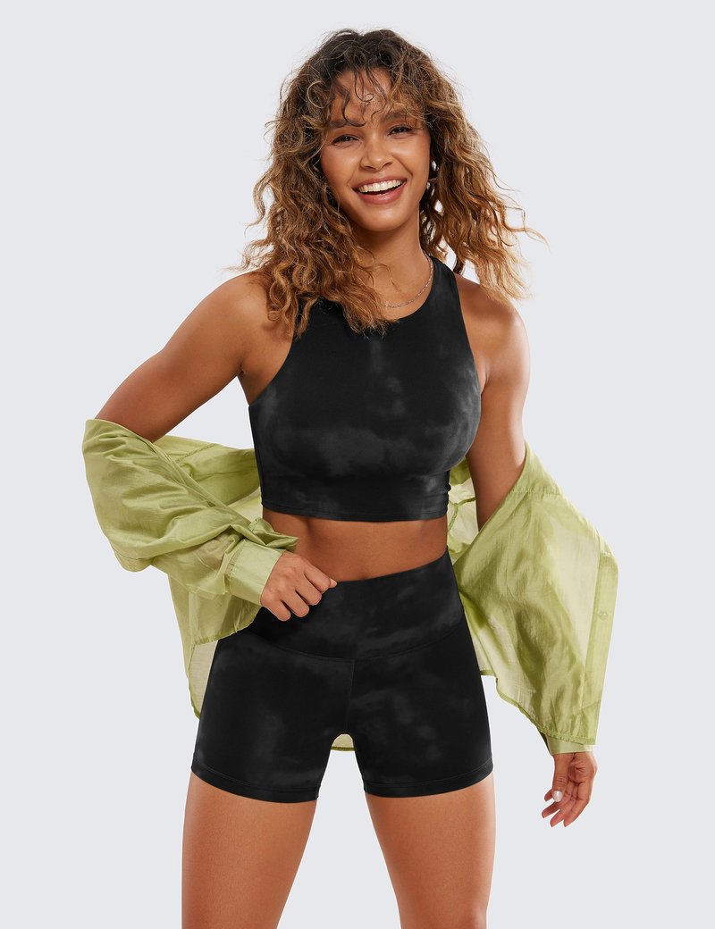 CRZ YOGA Butterluxe Biker Shorts 4'' - High Waisted Booty Workout Volleyball Yoga Womens Spandex Black Tie Dye Flowers Large