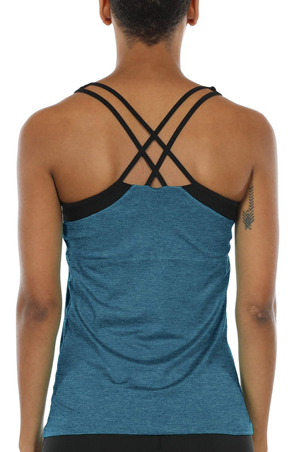 icyzone Women Workout Yoga Spaghetti Strap Racerback Tank Top with Built in Bra (S, Baltic)