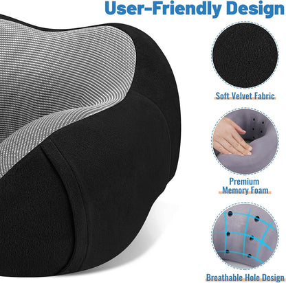 CloudBliss Travel Pillow Premium Memory Foam, Comfortable & Supportive Neck Pillow, Sleeping Neck Pillows for Travel, Airplane Pillow for Sleeping Airplane, Car, Office and Home（Black）