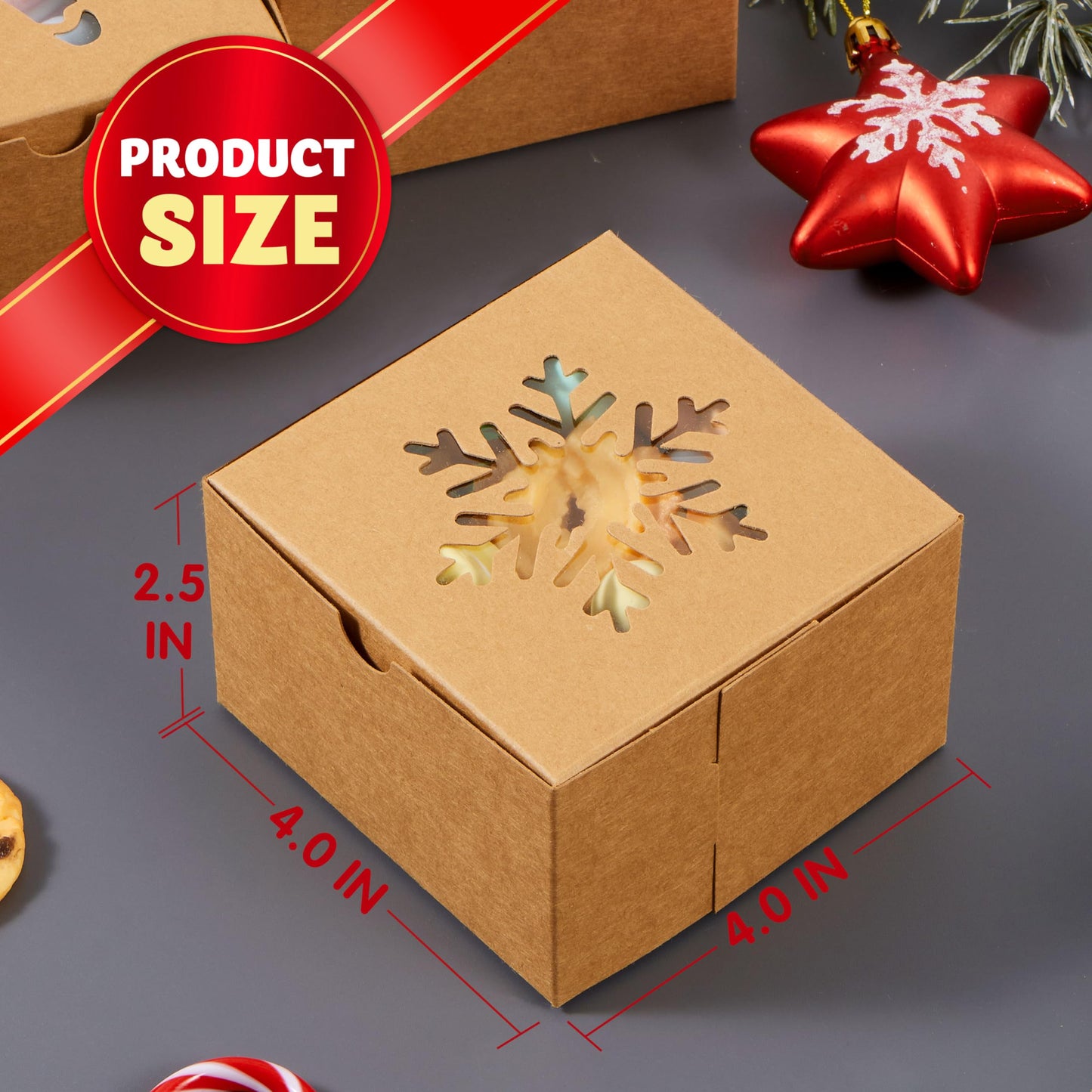 JOYIN 36 PCS Christmas Cookie Boxes for Gift Giving, Brown Bakery Treat Boxes with Window, 4" x 4" x 2.5" Gift Wrap Box for Xmas Holiday Party Favor Pastries, Cupcakes, Donuts, Brownies, Donuts