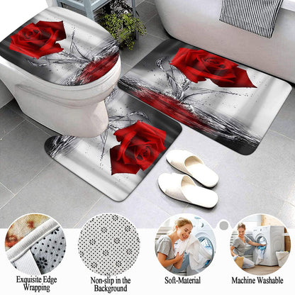 4Pcs Red Rose Shower Curtain Sets, Romantic Water Red Rose Bathroom Sets with Shower Curtain and Rugs Toilet Lid Cover Bath Mat, Waterproof Fabric Rose Gift Halloween Shower Curtains with Hooks