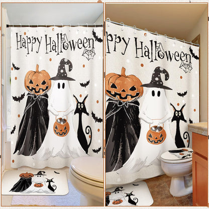 4 Pcs Halloween Ghost Shower Curtain Set 72" Halloween Bathroom Decor Set with 12 Hooks Non Slip Rug Toilet Lid Cover and Bath Waterproof Mat Restroom Shower Accessories Haunted Spooky House Decor