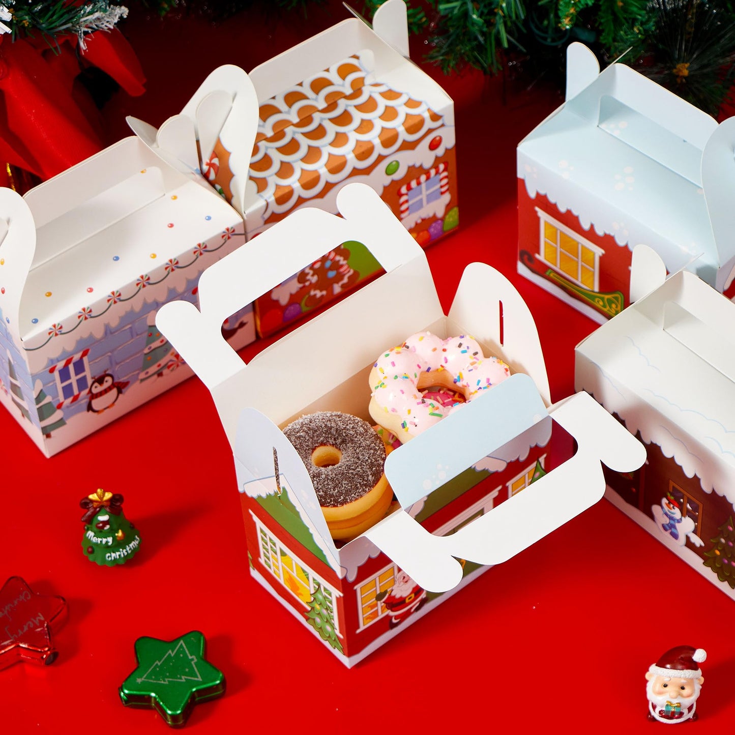 JOYIN 24 PCS 3D Christmas House Cardboard Treat Boxes for Holiday Xmas Goody Gift, Goodie Paper Boxes, School Classroom Party Favor Supplies, 4 Designs Candy Treat Cardboard Cookie Boxes