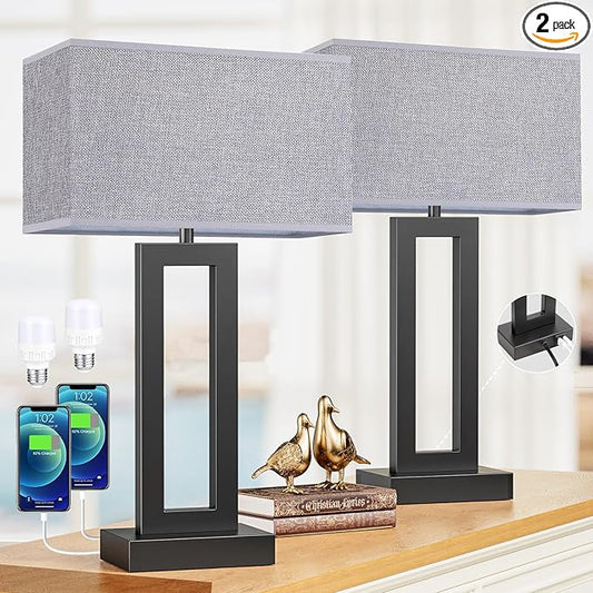 22" Tall Modern Living Room Lamps - Touch Bedside Lamps with USB C+A, 3 Way Dimmable for End Tables - Set of 2 (Grey & Black)