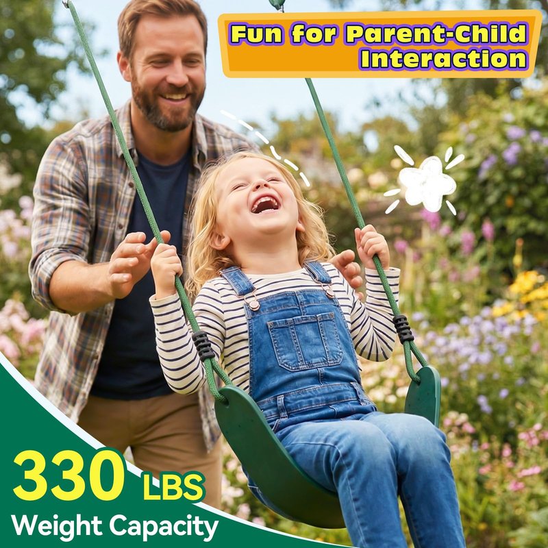 HeyZoo Heavy Duty Kids Swing Seat with 79" Adjustable Rope, 330 lbs Capacity Swing Set Accessories Replacement with 2 Carabiners and 2 Extra Hanging Straps, Outdoor Playground Gifts, Green 1 Pack