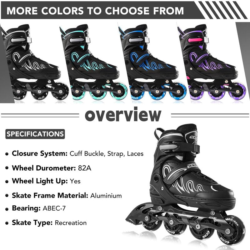 ECOO Inline Skates for Girls and Boys Ages 5-8 8-12 Light up Wheels, Adjustable Size Roller Skates Blades Kids Adult Women Outdoor