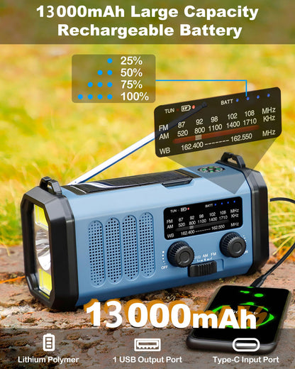 13000mAh Emergency Radio with NOAA Weather Alert, Portable Solar Hand Crank AM/FM Radio for Survival, Rechargeable Battery Powered, USB Charger, Flashlight, Reading Lamp, for Home Outdoor