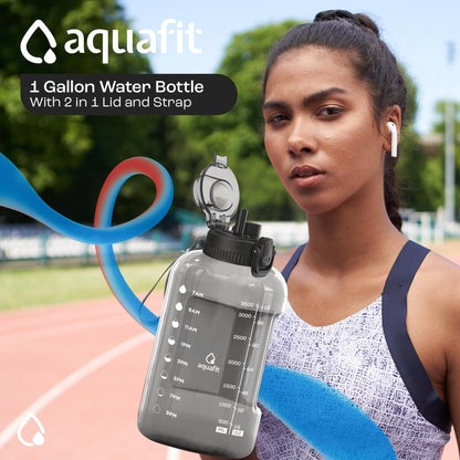 AQUAFIT 1 Gallon Water Bottle with Time Marker - Straw & Chug Lid - BPA Free Gym Water Bottle with Straw - Big Gallon Jug (Gray, 128 oz - 2in1 Lid)