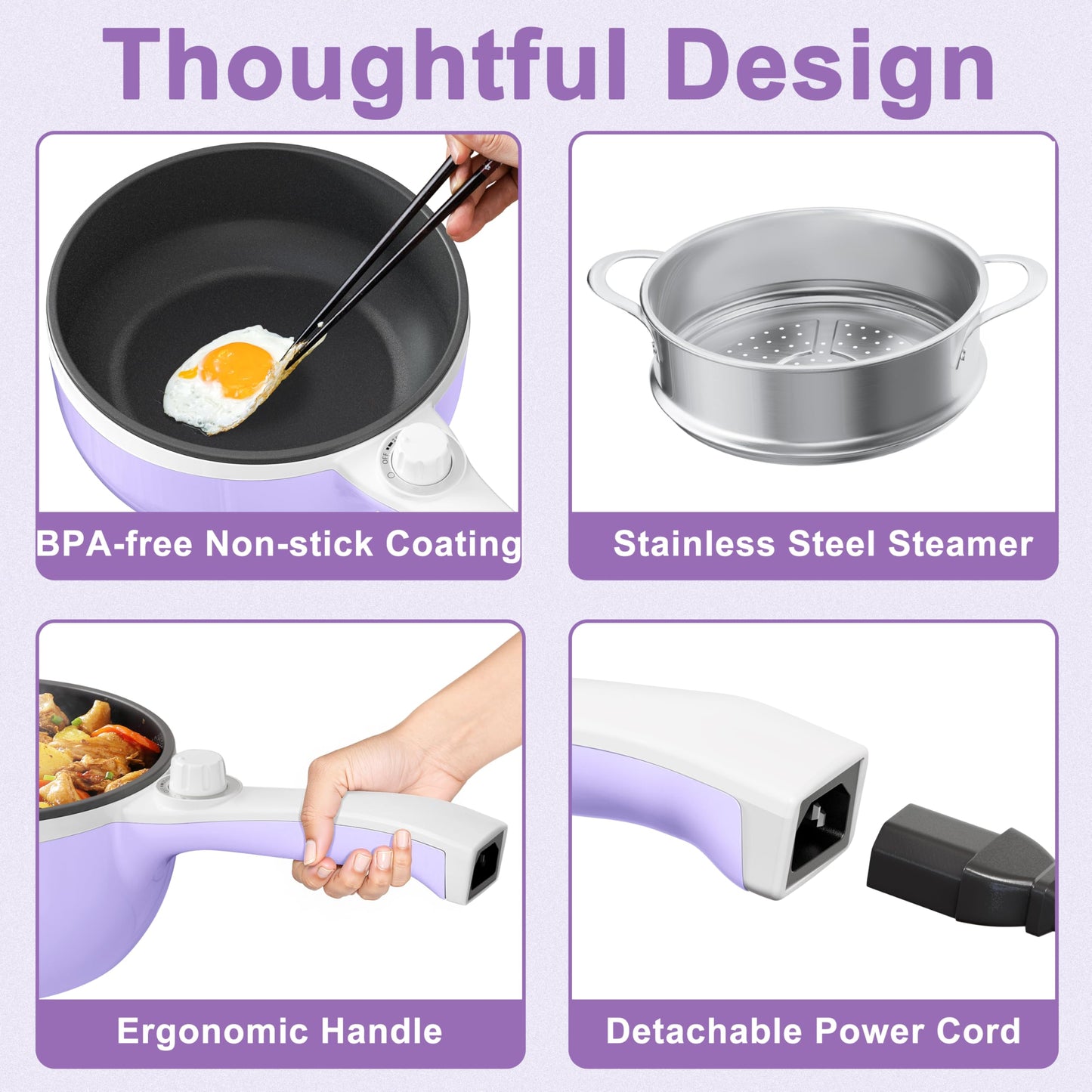 Dezin Hot Pot Electric with Steamer Upgraded, Non-Stick Sauté Pan, Rapid Noodles Electric Pot, 1.5L Mini Pot for Steak, Egg, Fried Rice, Ramen, Oatmeal, Soup with Power Adjustment