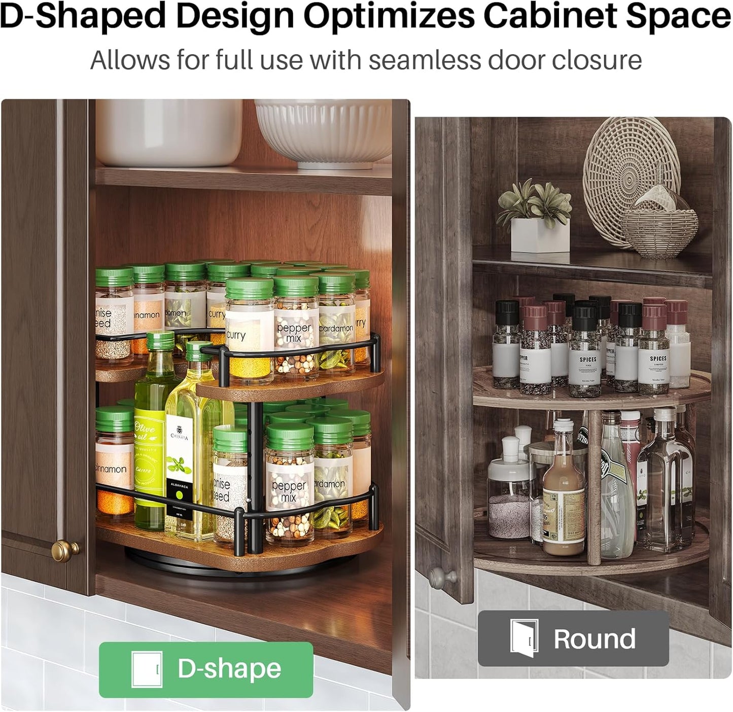 SNTD Spice Rack Organizer for Cabinet - Height Adjustable Rotating Lazy Susan, Wooden Spice Organization for Tabletop, Pantry, or Kitchen Counter, Fits Cabinets Over 11" Wide and 10.3" High