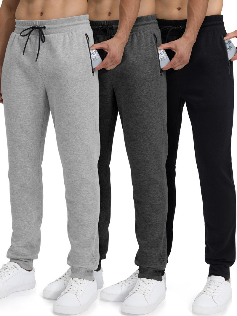 Loofure Sweatpants for Men Fleece 3 Pack Joggers Gym Workout Athletic Track Mens Sweat Pants Cotton with Zipper Pockets