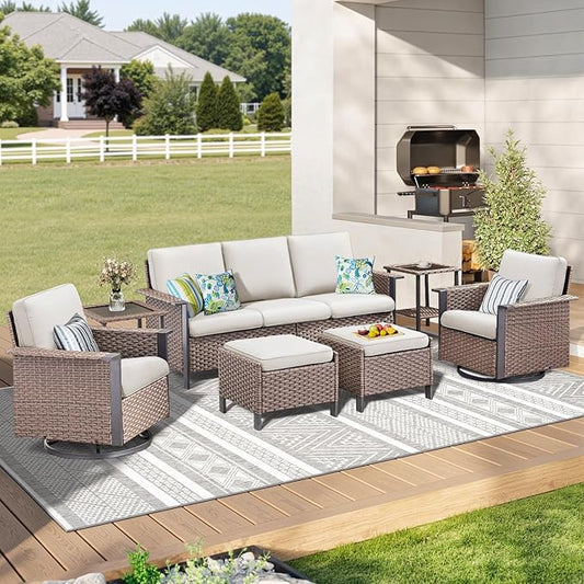 Outdoor Patio Furniture Set Swivel Chairs-7 Pieces All-Weather Wicker 3 Seater Sofa with 2 Ottomans Rattan Side Table, Wicker Sofa Outdoor Furniture for Porch Deck Backyard Brown/Beige