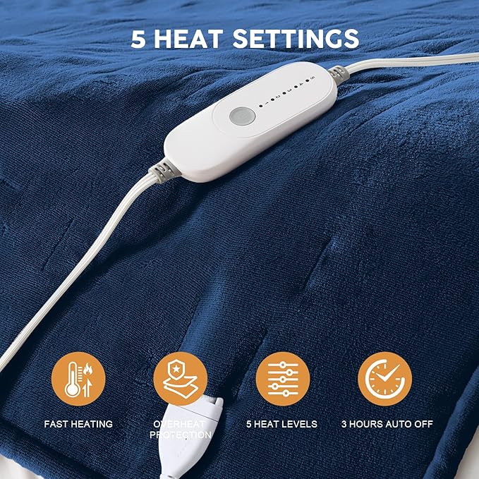 HYLEORY Heated Electric Blanket Full 72"x84" Soft Fleece & Flannel with 5 Heating Levels & 10 Hours Timer Auto Shutt Off, ETL Certified, Washable，Heated Blanket for Body-Navy