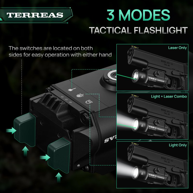 Terreas Upgraded 2000 Lumens Magnetic Rechargeable Weapon Light & Green Laser Combo, Aluminum Alloy Tactical Flashlight with Adjustable Rail, Strobe Mode, Fits Most Picatinny/GL Rail & Holsters