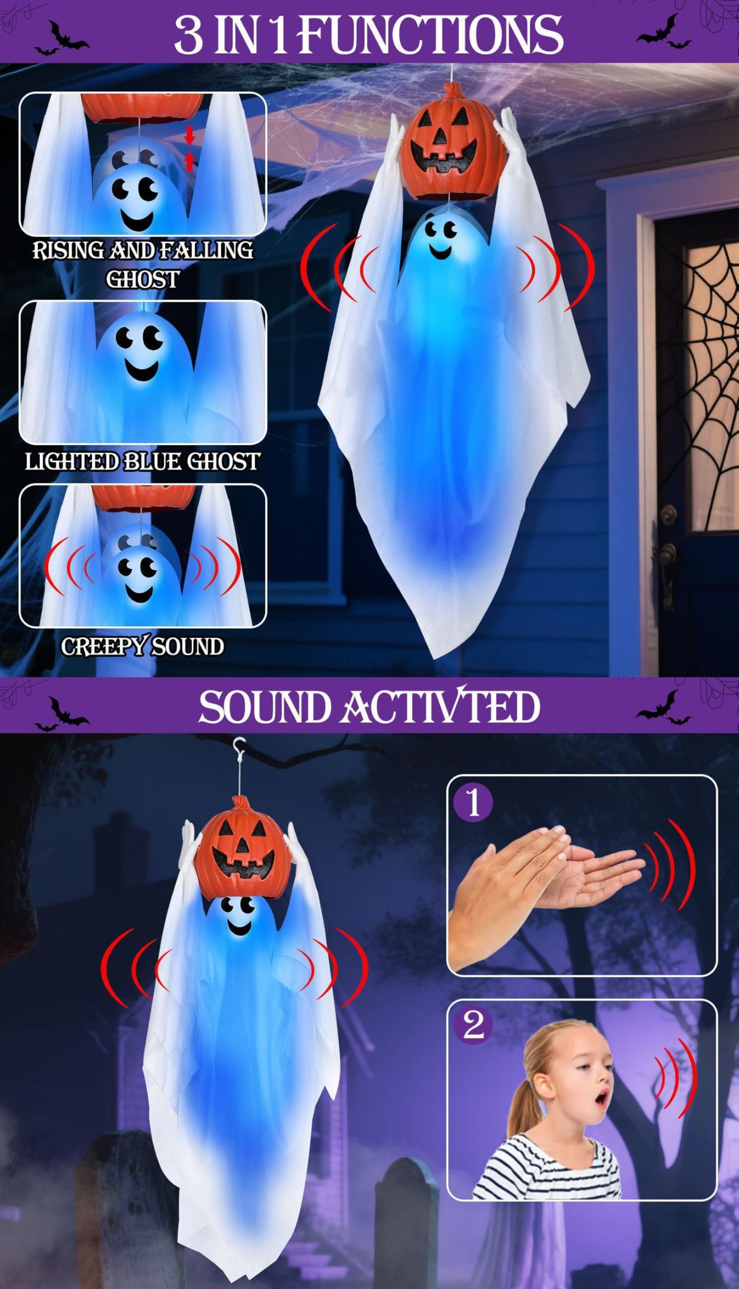 Sound Activated 43” Halloween Animatronics Hanging Ghost Holding Pumpkin, Hide-and-Seek Ghost with Blue Light & Creepy Sound for Halloween Decorations Outdoor, Yard Porch Party Haunted House