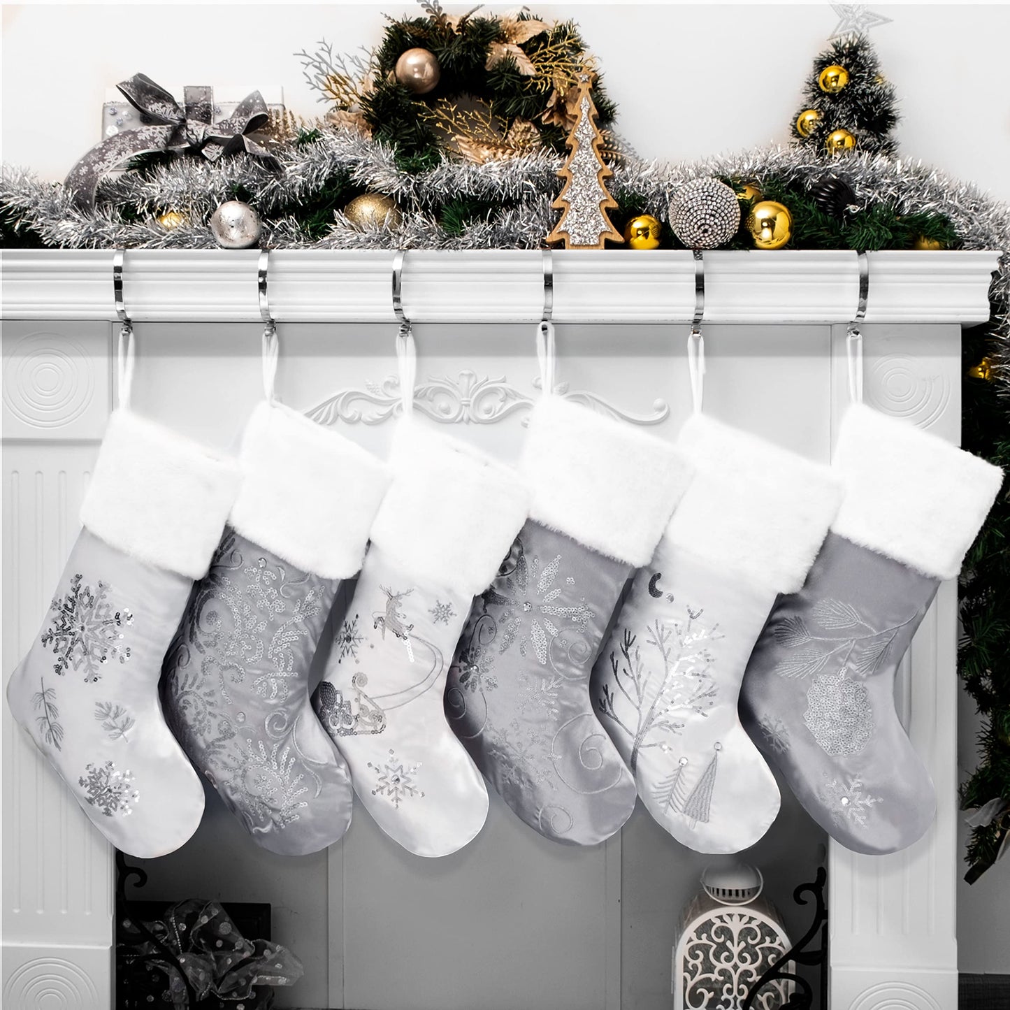 GEX Christmas Stockings 6 Pack for Family 20" Large Silver Gray Satin with Sequins Faux Fur Rhinestones Embroidered Classic Luxury Fireplace Tree Decorations Ornament for Xmas Season (Set of 6)
