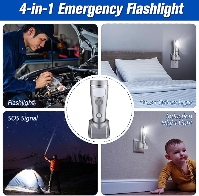 Enhon 3 Pack Rechargeable 4-in-1 LED Emergency Lights, Plug-in Flashlights with Motion Sensor Night Light, Auto-On Power Failure Light for Home, Hurricane, and Outage Supplies