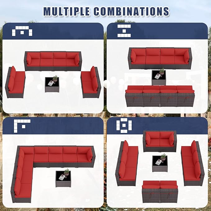 Kurapika 9 Pieces Patio Furniture Set, Rattan Wicker Outdoor Conversation Sets w/4in Cushion and Glass Coffee Table(Red)