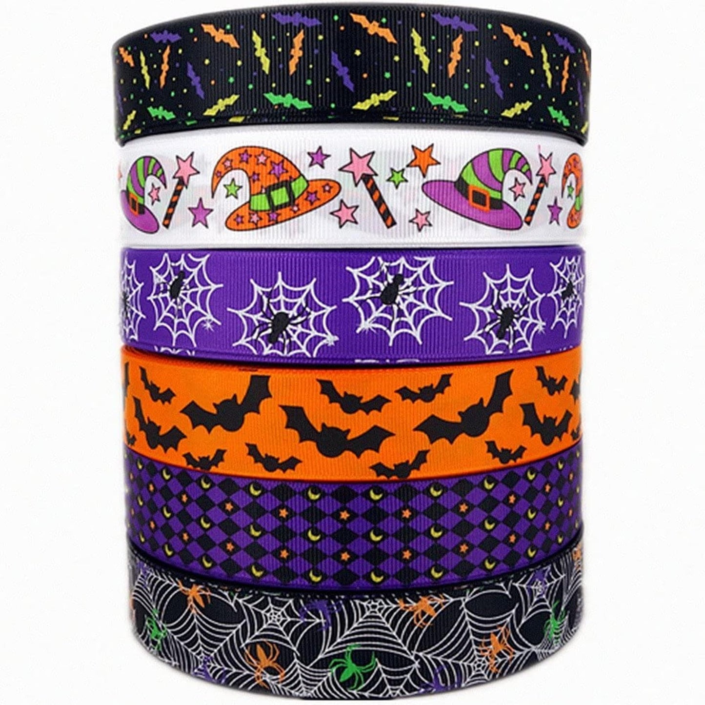 Halloween Bats Spiders Web Multicolor Printed 1 Inch Grosgrain Ribbon - 6 Yards (6 X 1 Yards)/Roll,
