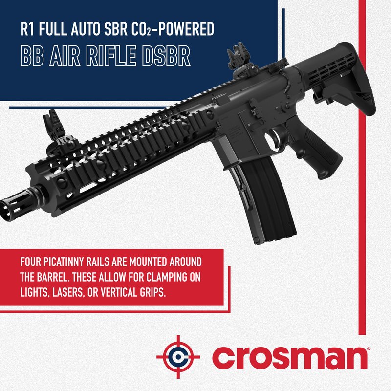 Crosman Full Auto R1 CO2 BB Air Rifle with 25-Round Magazine - Full and Semi-Auto Action, 1400 round per minute rate, Adjustable Stock, Quad Rail - Black