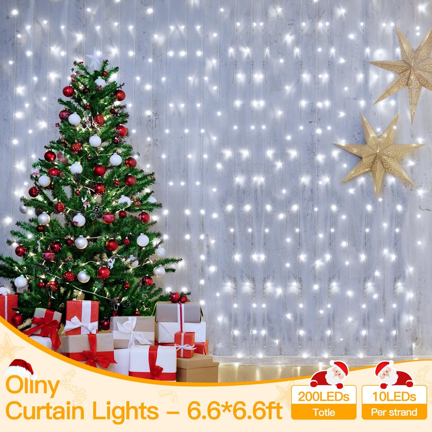Ollny Curtain Lights 6.6x6.6ft, 200 LED White Christmas Lights with Remote 8 Modes Dimmable Timer, USB Power String Light for Bedroom Backdrop Indoor Window Wedding Decorations