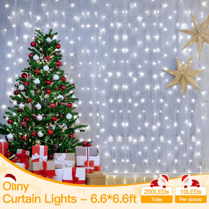 Ollny Curtain Lights 6.6x6.6ft, 200 LED White Christmas Lights with Remote 8 Modes Dimmable Timer, USB Power String Light for Bedroom Backdrop Indoor Window Wedding Decorations