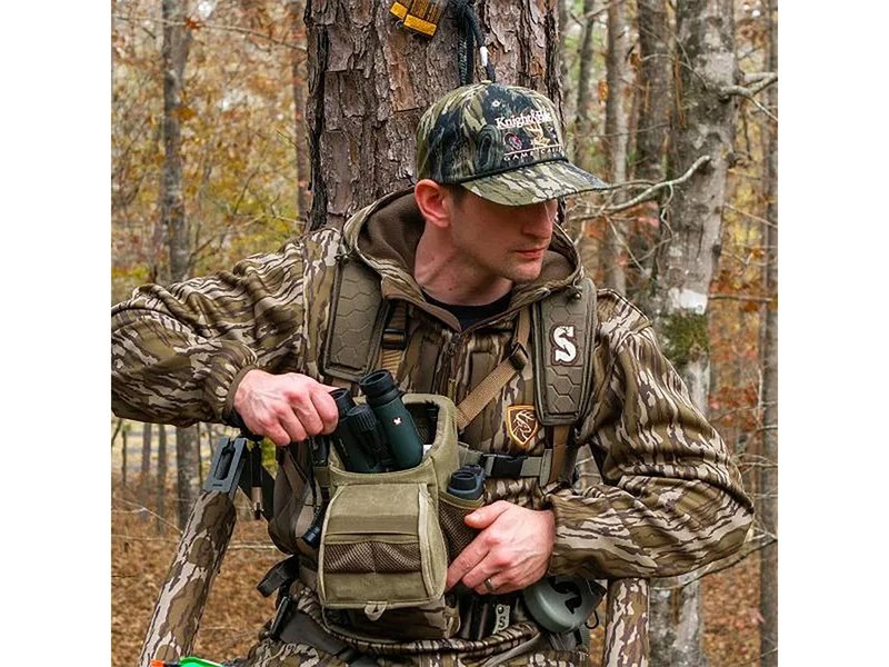 Knight & Hale Run N’ Gun® 150 Chest Rig, Mossy Oak® Original Bottomland® - Adjustable Universal-Fit Harness with Magnetic Reversible Flap - Multiple Pockets - Fits 42mm Binoculars