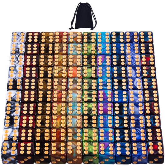AUSTOR 100 Pcs 6 Sided Dice Set 10 Two Tone Colors Dice with Gold Pips Square Corner Dice(Free Pouch)