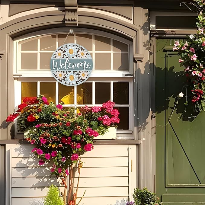 Deroro Welcome Spring Summer Daisy Flower Front Door Sign, Floral Farmhouse Wood Door Hanger Outdoor Outside Porch Decor, Rustic Seasonal Wooden Wreath Indoor Wall Hanging Decoration