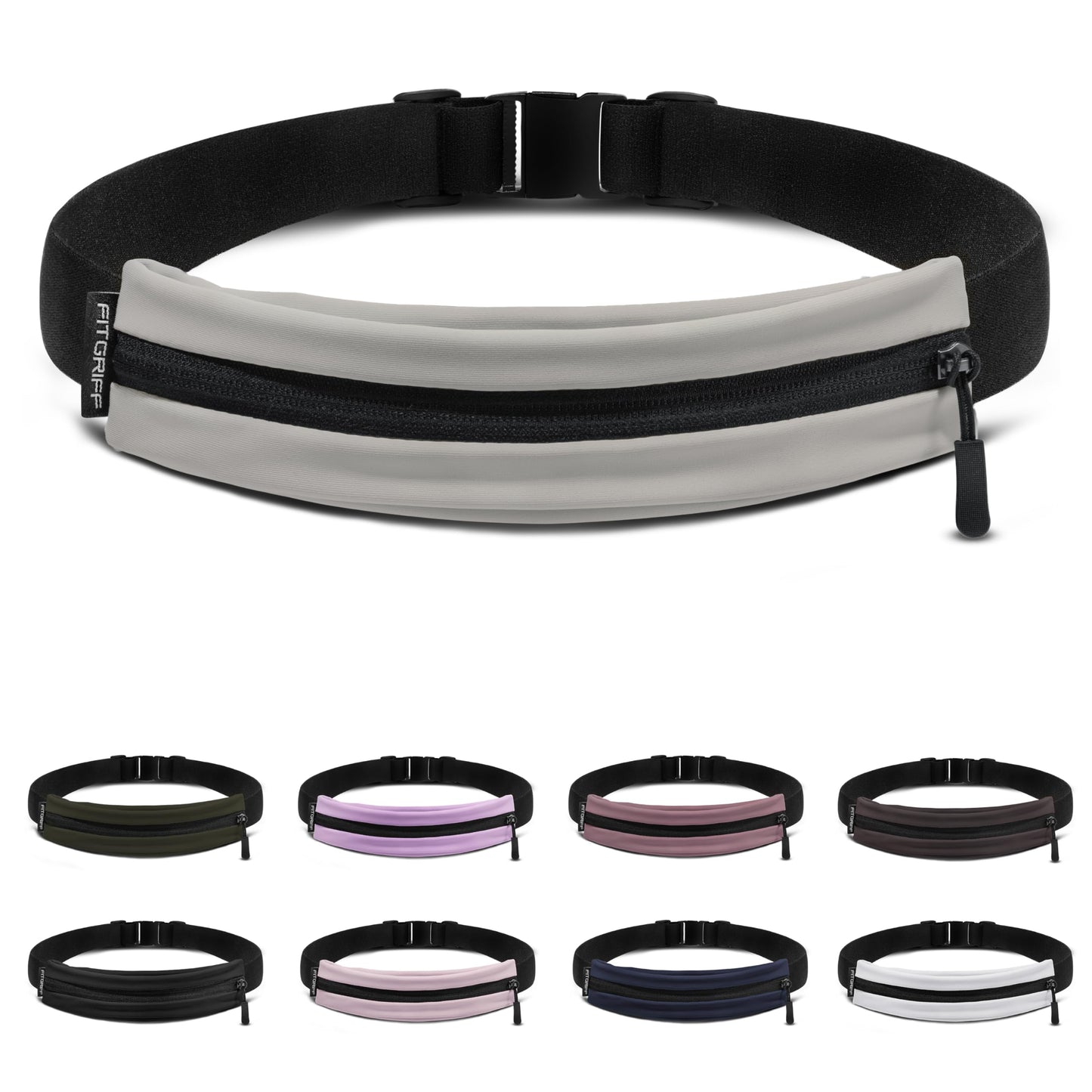 Fitgriff® Running Belt V2 for Men & Women - Slim Fanny Pack, Phone Holder for Jogging, (Fits All Cell Phones) - Money Belt, Runners Waist Pouch (Light Taupe, One Size (Waist 24.4 – 43.3 inches))