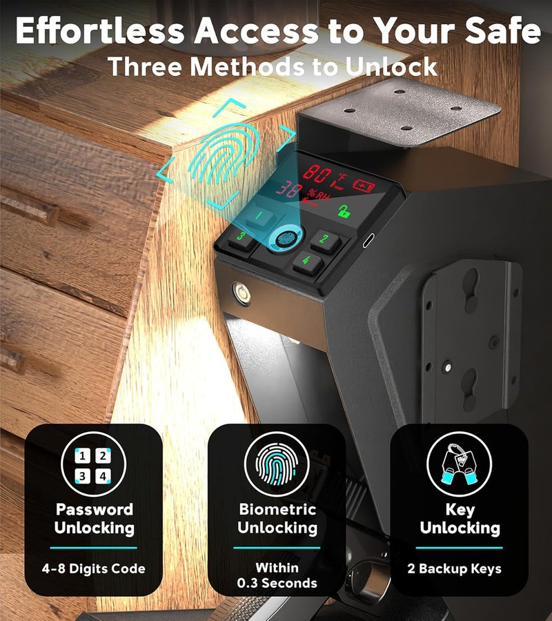 Handgun Safe - Quick-Access Mounted Nightstand Pistol Safe with Biometric Lock | Auto Open Lid, Secure Storage