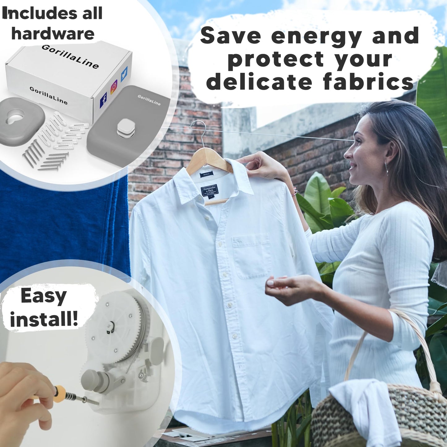 GorillaLine - Retractable Clothesline Indoor Outdoor Clothes Line | Heavy Duty Clothes Drying Laundry Line | Wall Mounted Drying Rack Clothing Line | Retracting Hanging | Lock to Prevent Sagging Gray