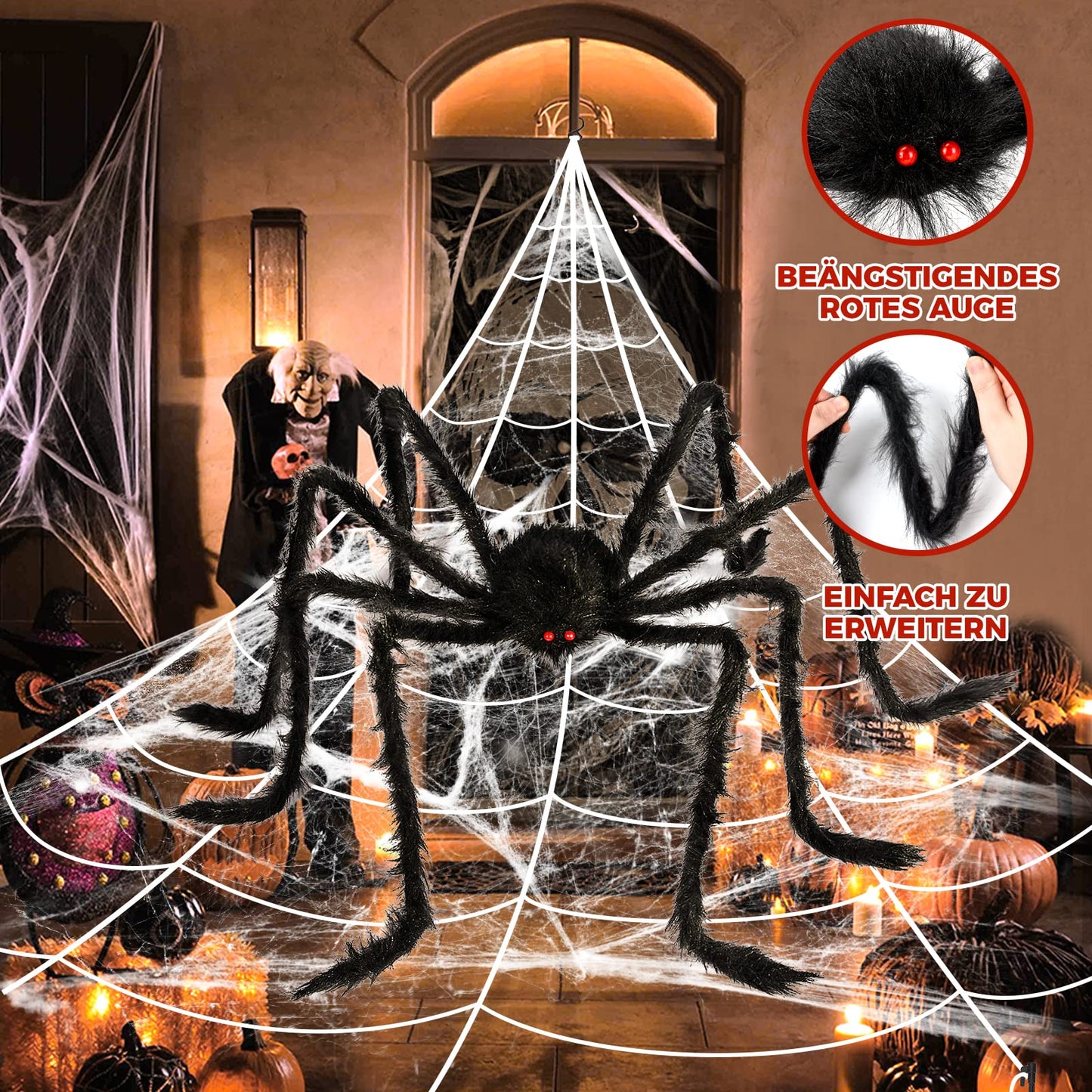 BOSONER Halloween Decorations Outdoor Spider Webs: 1Pcs Giant Spiders - 200'' Triangular Web with Hook - Stretch Web and Ground Stakes for Large Halloween Decor and Haunted House Decoration