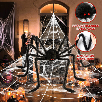 BOSONER Halloween Decorations Outdoor Spider Webs: 1Pcs Giant Spiders - 200'' Triangular Web with Hook - Stretch Web and Ground Stakes for Large Halloween Decor and Haunted House Decoration