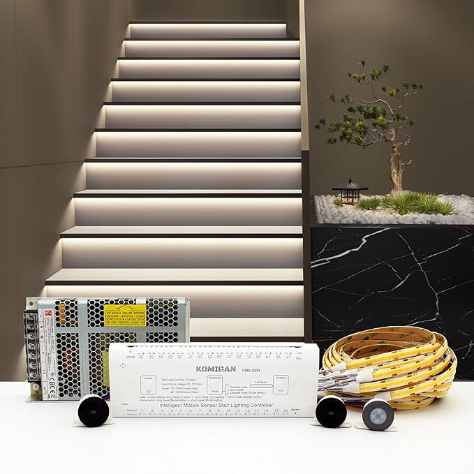 Intelligent Motion Triggered LED Stair Lighting Kit KMG-3233, 40" Cuttable LED Strip Light for Indoor LED Stair Lights (Cool White 6000K,14 Stairs)