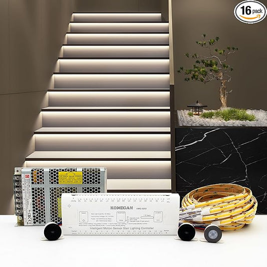 Intelligent Motion Triggered LED Stair Lighting Kit KMG-3233, 40" Cuttable LED Strip Light for Indoor LED Stair Lights (Cool White 6000K,16 Stairs)