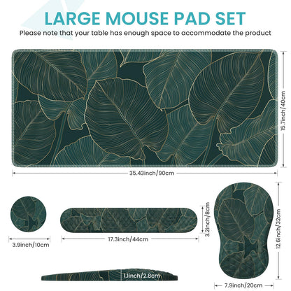 AnyShock 4 in 1Desk Mat for Keyboard and Mouse, Ergonomic Green Mouse Pad with Memory Foam Wrist Rest, Large Desk Pad Mat, Soft Wrist Support for Keyboard (Palm Leaves)
