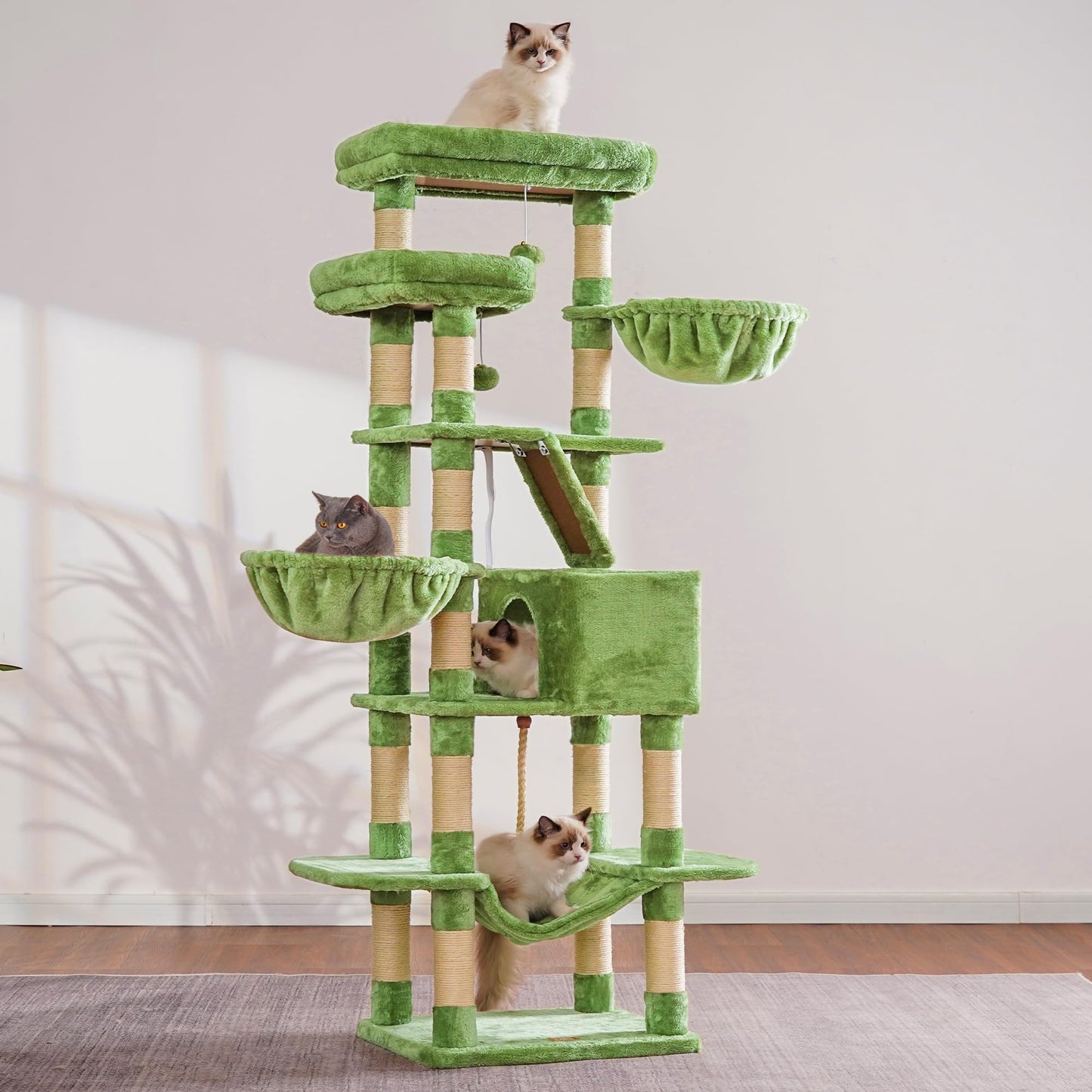 Heybly Cat Tree, 68 inch Multi-Level Cat Tower for Indoor Cats, 2 Widened Plush Perches Cat Condo with Scratching Board and Big Caves, Green HCT025GR