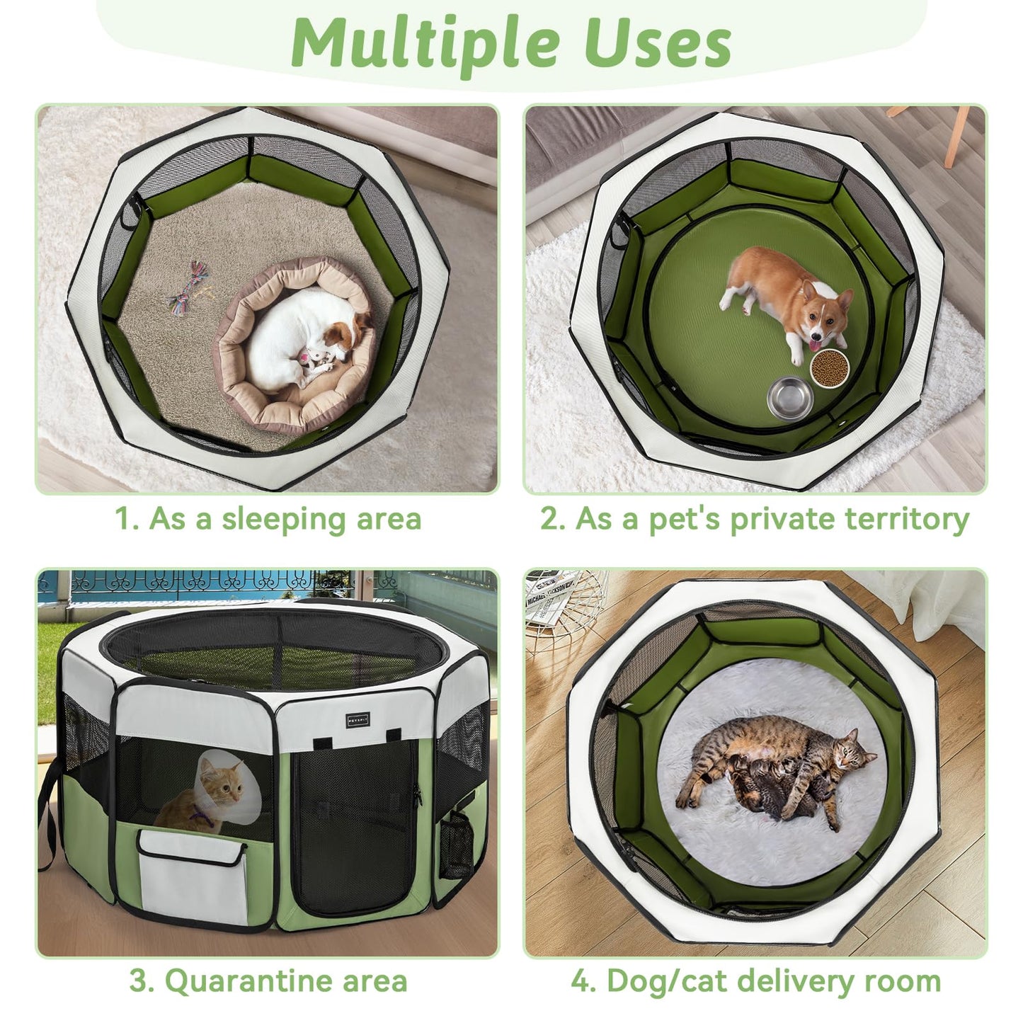 PETSFIT Cat Pen, Anti-Leakage Bottom, Foldable, Collapsible Puppy Playpen, Chewproof Design, Dog Playpen Indoor, 91 × 84 × 53 cm, Green