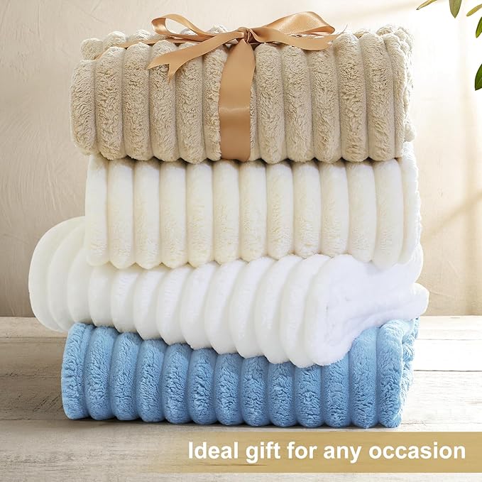 decorUhome Soft Fleece Blue Throw Blanket for Couch, Cozy Fluffy Plush Flannel Striped Blanket for Sofa Bed, Lightweight Decorative Ribbed Fuzzy Blanket for Woman, 50x60 Inches